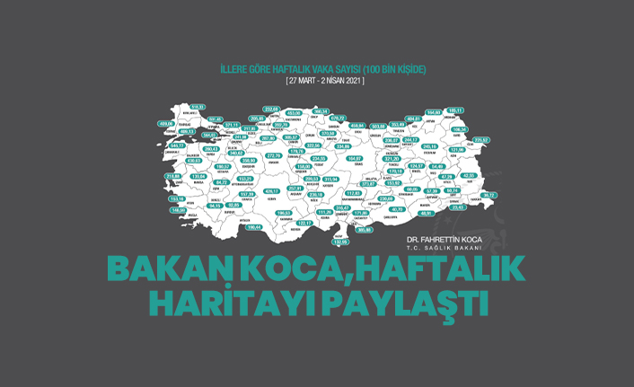 Bakan Koca, illere göre haftalık vaka sayılarını gösteren haritayı paylaştı