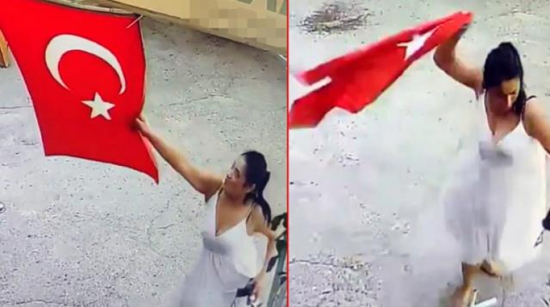 iş yerine asılı Türk bayrağını koparıp çöpe atan kadın kameralara yakalandı
