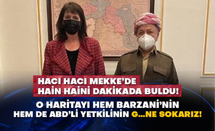 Peşmerge başı Barzani ile ABD’li yetkilinin sözde kürdistan paçavrasının altında tepki çeken pozu