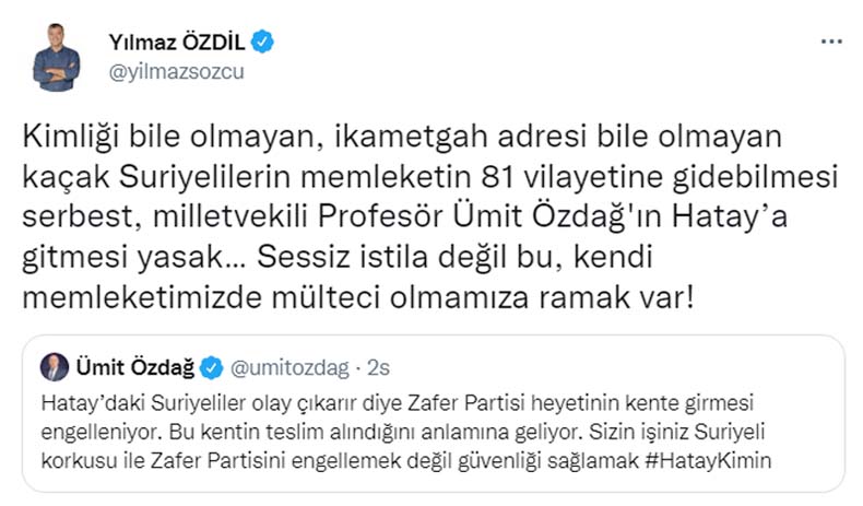 Yılmaz Özdil, Ümit Özdağ'ın Hatay'a alınmamasını eleştirdi