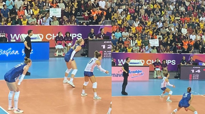 Dünya Kadınlar voleybol şampiyonasının final maçında, İran'da yaşanan olayları protesto etmek için pankart açtı