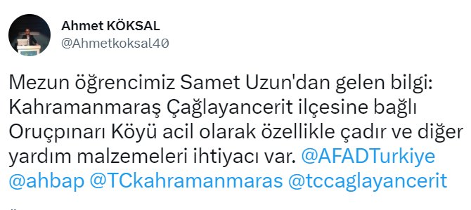 Kahramanmaraş Çağlayancerit ilçesine bağlı Oruçpınarı Köyü'ne acil ihtiyaç