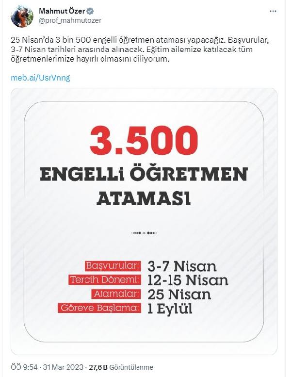 Bakan Özer: 3 bin 500 engelli öğretmen ataması yapacağız