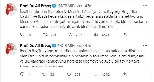 Ali Erbaş: Mescid-i Aksa'ya gerçekleştirilen baskını lanetliyorum