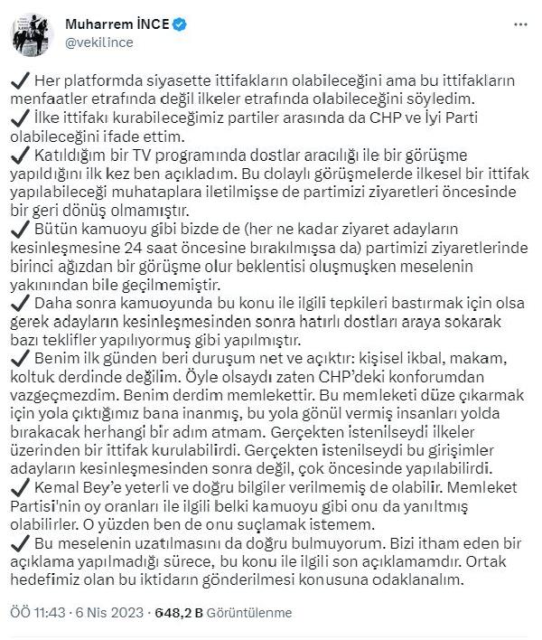 İnce: Gerçekten istenilseydi ittifak kurulabilirdi