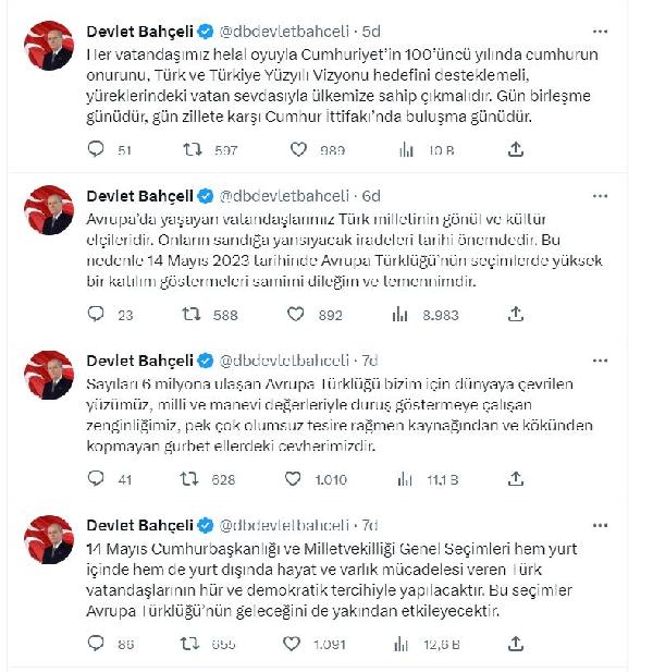 Bahçeli: Avrupa'daki vatandaşlarımızın sandığa yansıyacak iradeleri tarihi önemdedir