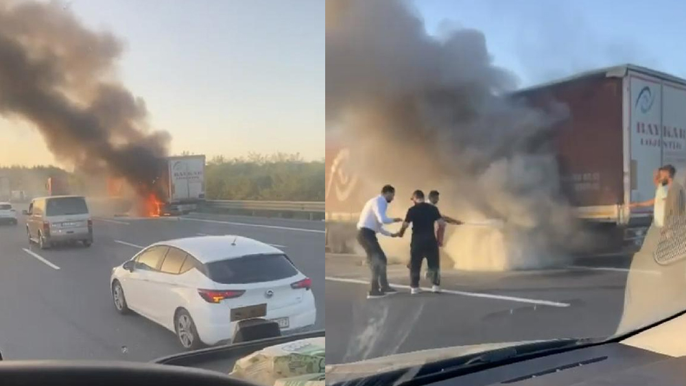 Otoyolda kağıt yüklü TIR'da yangın çıktı