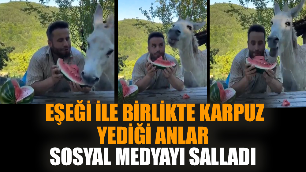 Eşeği ile birlikte karpuz yediği anlar sosyal medyayı salladı