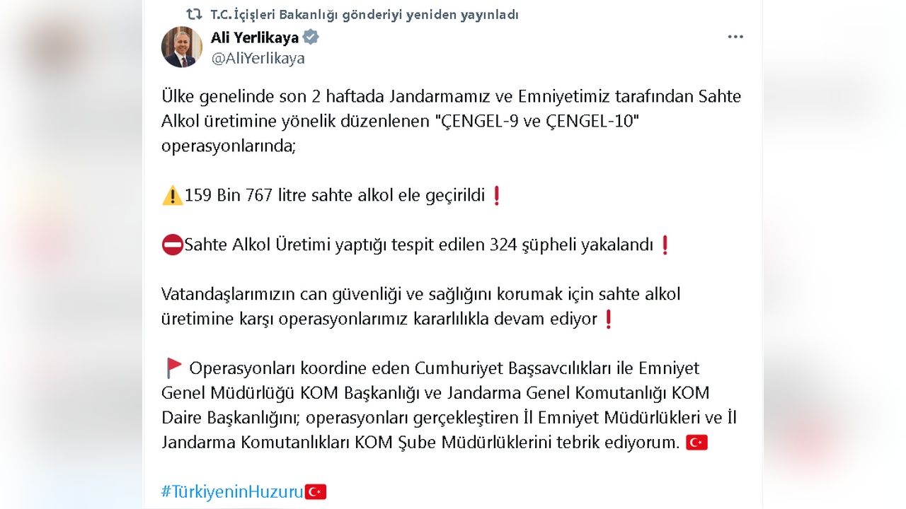 Türkiye Genelinde 159 Bin Litre Sahte Alkol Ele Geçirildi