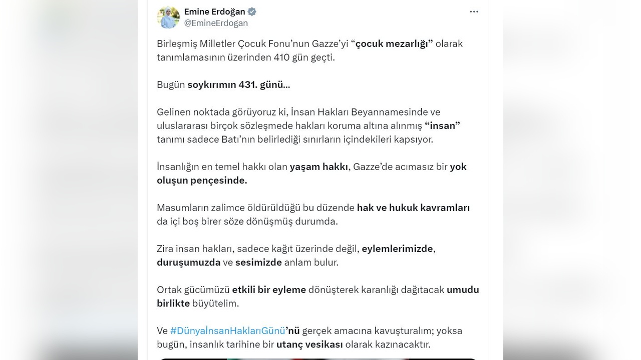 Emine Erdoğan'dan İnsan Hakları Günü Mesajı