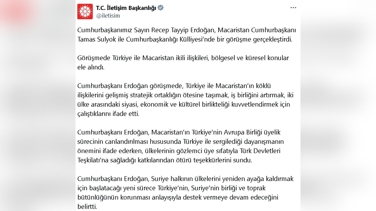 Cumhurbaşkanı Erdoğan, Macaristan Cumhurbaşkanı Sulyok ile Önemli Görüşme Gerçekleştirdi