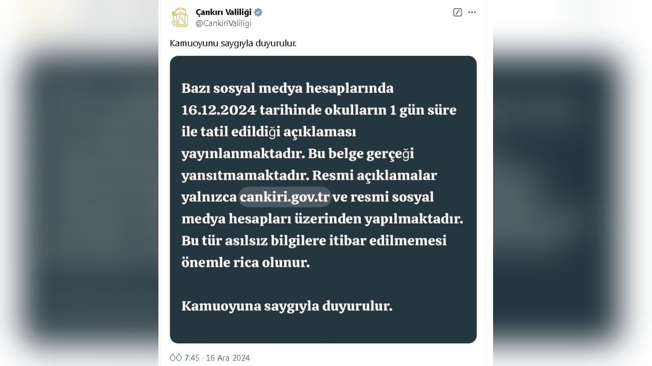 Çankırı Valiliği, Okulların Tatil Edildiği İddialarını Reddetti