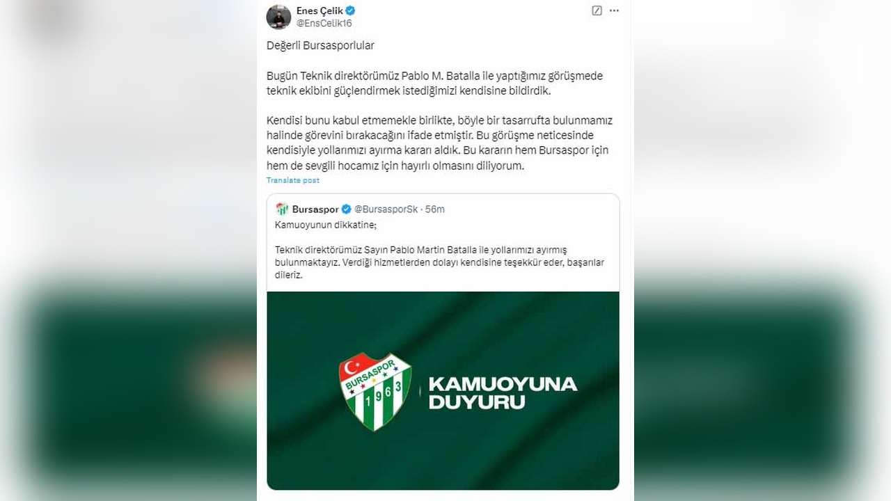 Bursaspor, Teknik Direktör Batalla ile Anlaşmasını Sonlandırdı