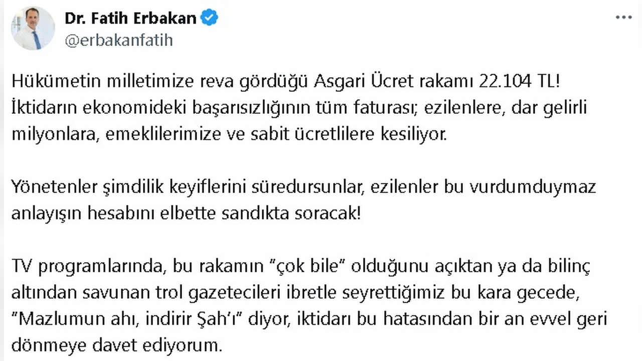 Erbakan, Asgari Ücret Üzerine İktidara Çağrıda Bulundu