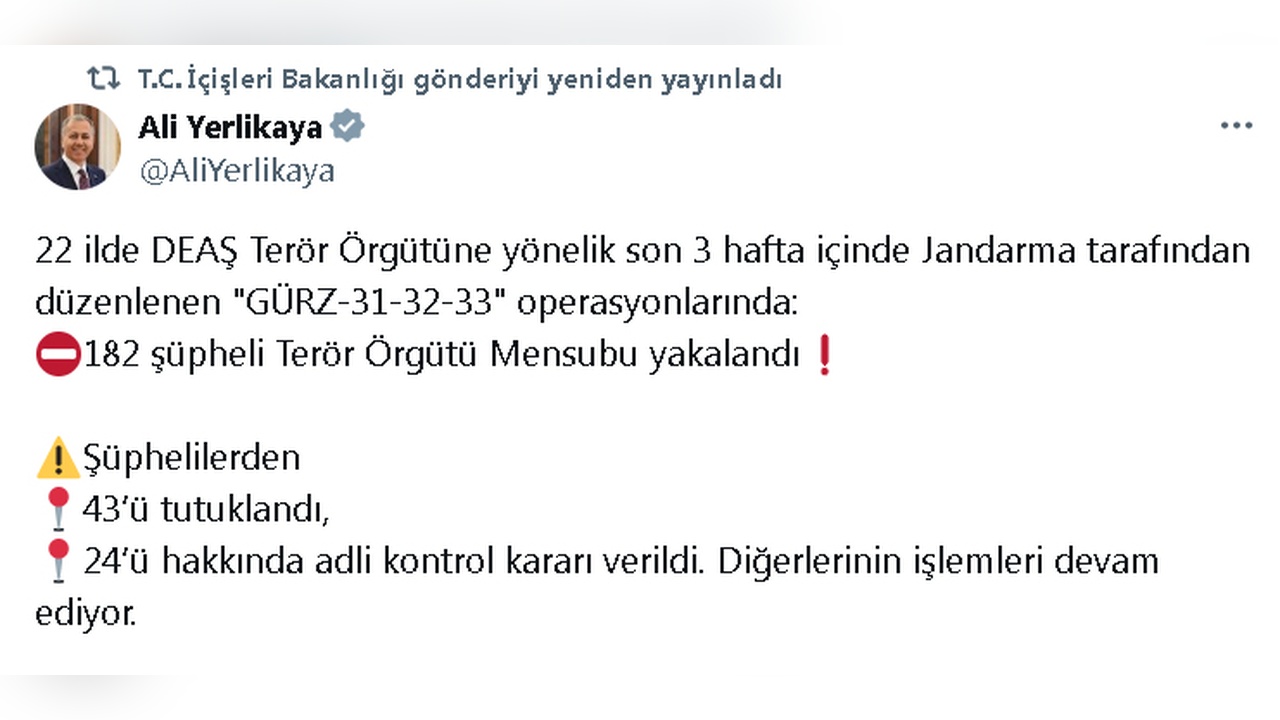 DEAŞ'a Yönelik Geniş Kapsamlı Operasyon: 182 Gözaltı