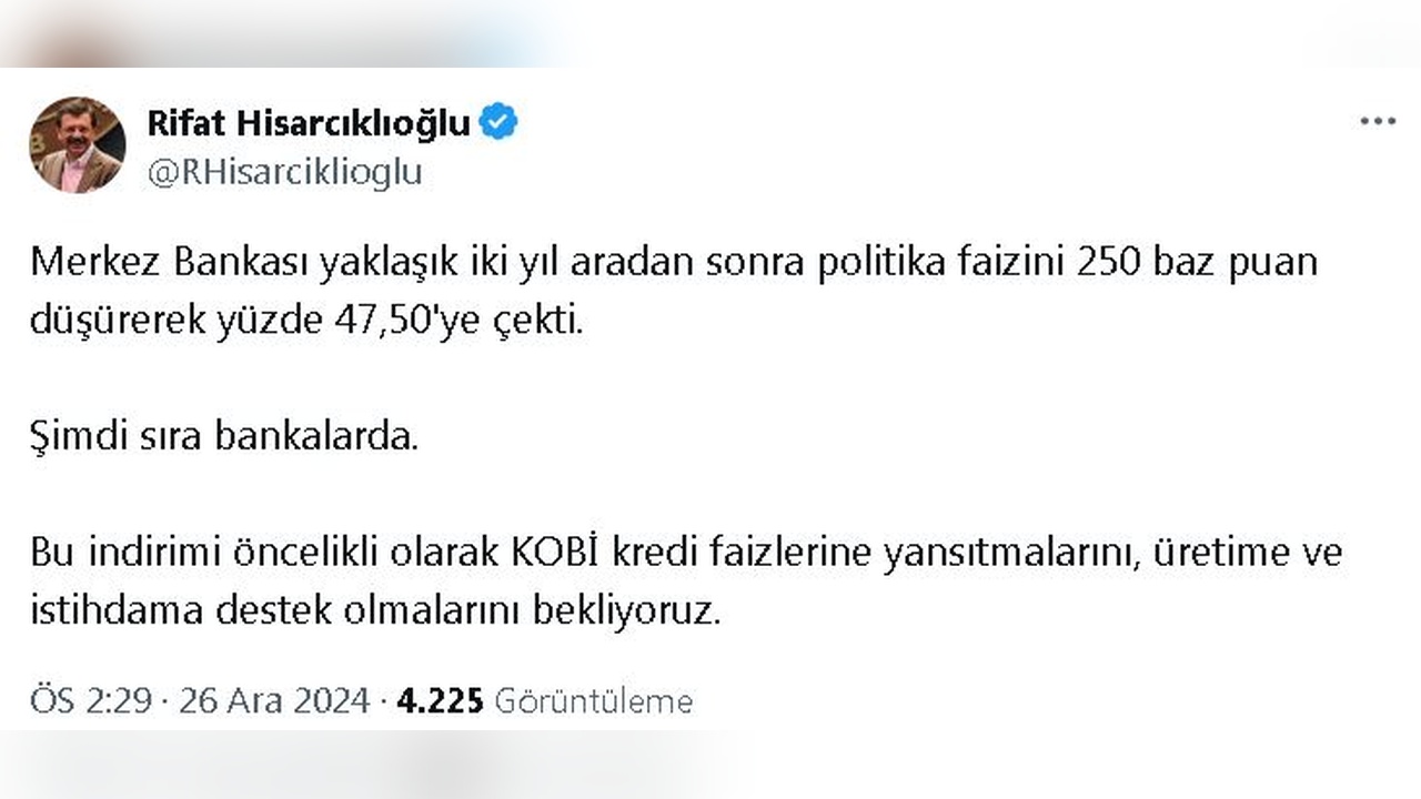 Hisarcıklıoğlu'ndan Bankalara Faiz İndirimi Çağrısı