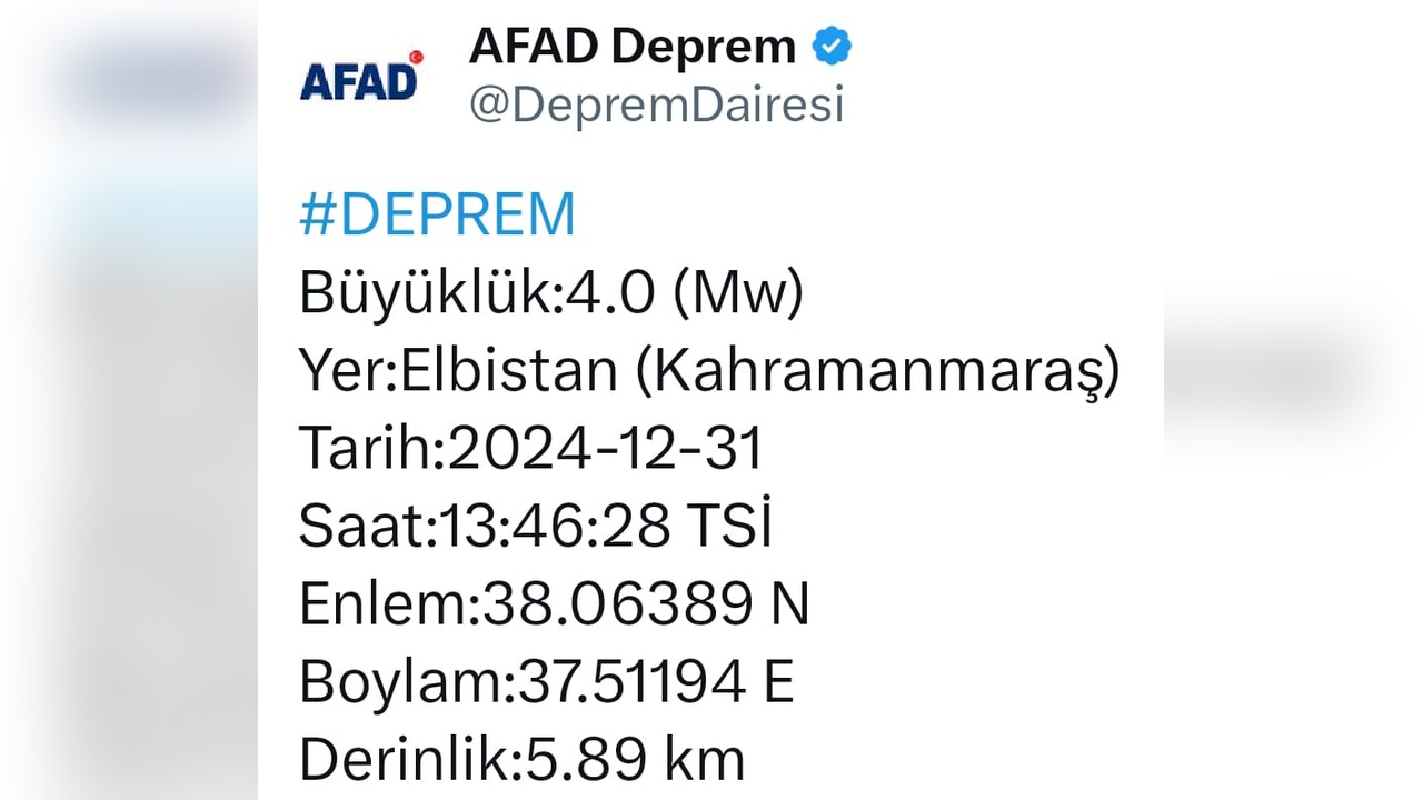 Kahramanmaraş'ta 4 Büyüklüğünde Deprem Meydana Geldi