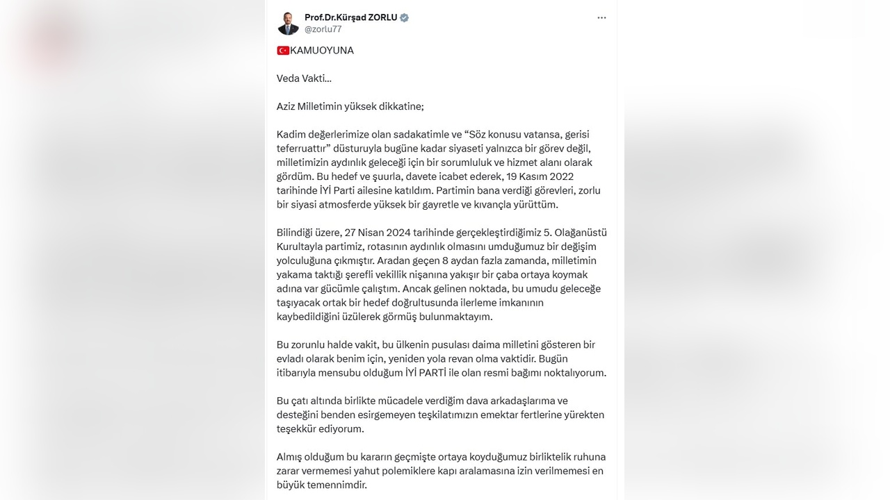 Kürşad Zorlu, İYİ Parti Üyeliğinden Ayrıldı