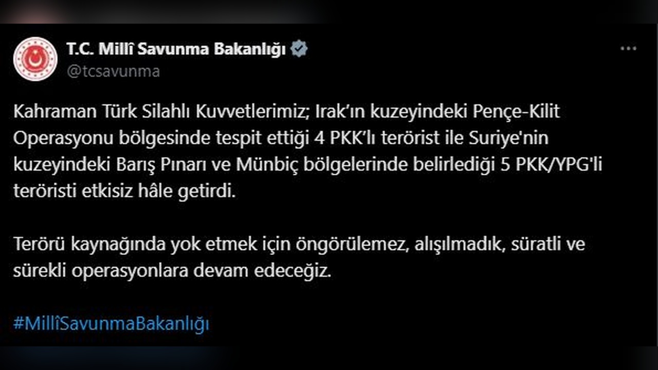 Irak ve Suriye'de 9 Terörist Etkisiz Hale Getirildi