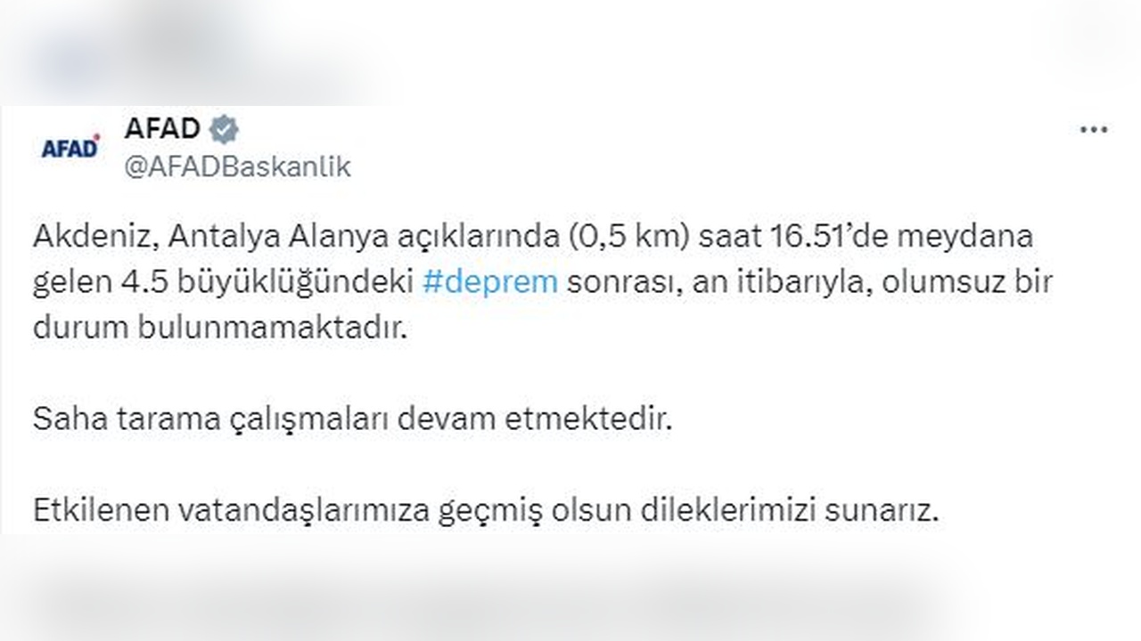 Akdeniz'de 4.5 Büyüklüğünde Deprem Meydana Geldi