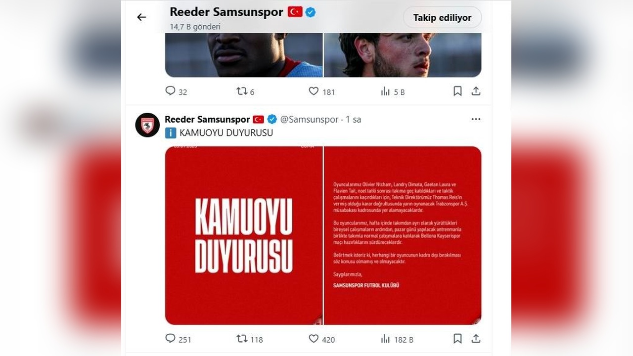 Samsunspor'da Kadro Şoku: Dört Oyuncu İle Yola Devam Edilmiyor