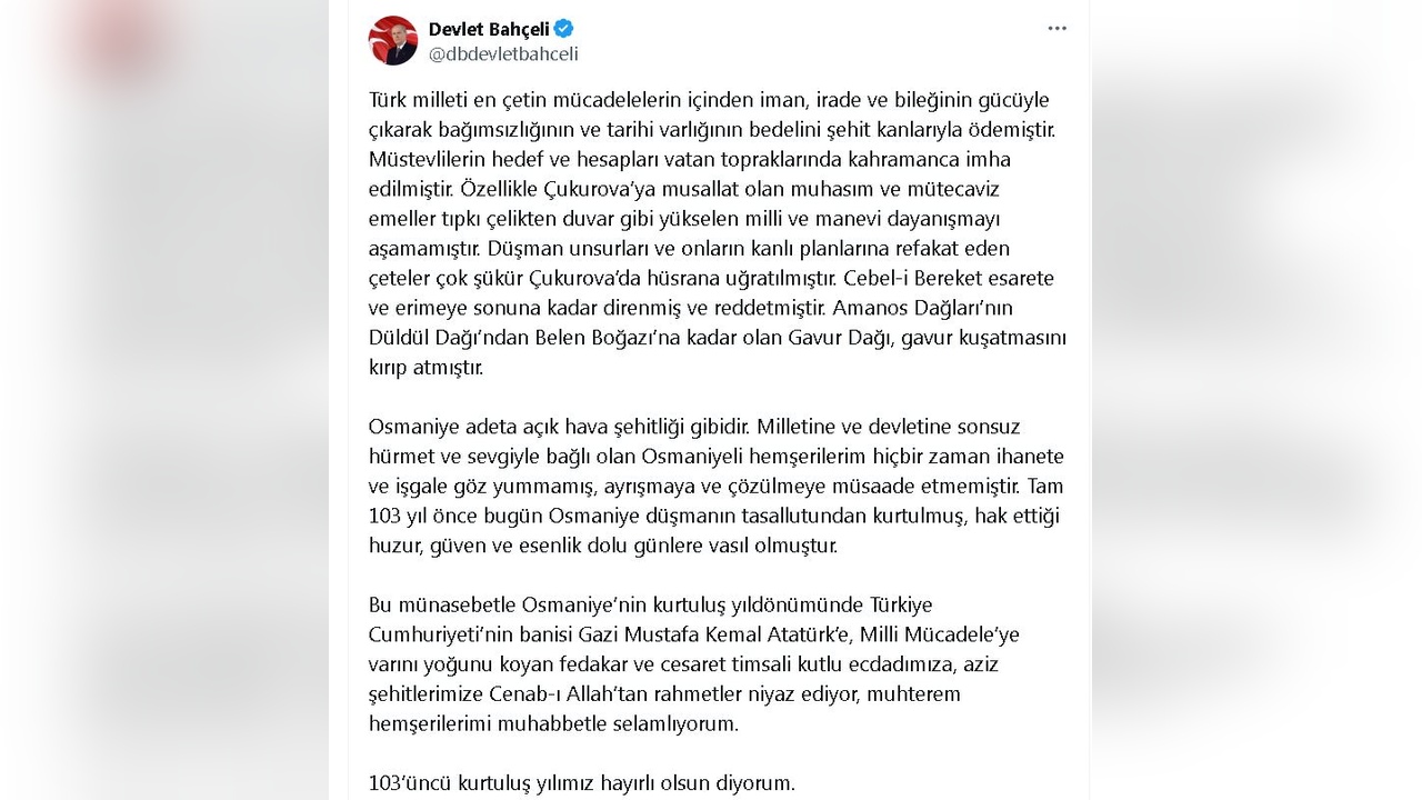 Bahçeli, Osmaniye'nin Kurtuluşunu Coşkuyla Anımsadı