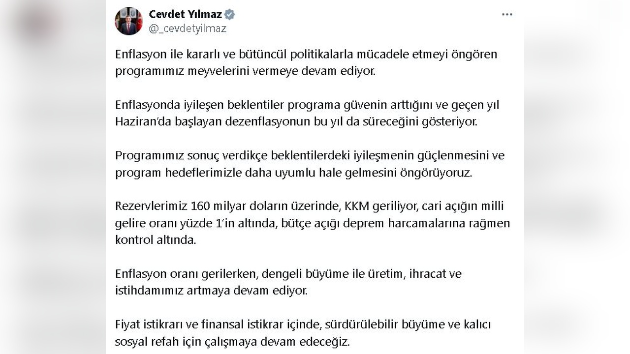 Yılmaz: Enflasyon Beklentileri Güveni Artırıyor