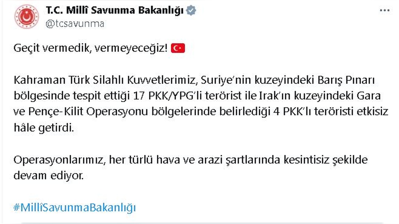 Suriye ve Irak'ta 21 Terörist Etkisiz Hale Getirildi