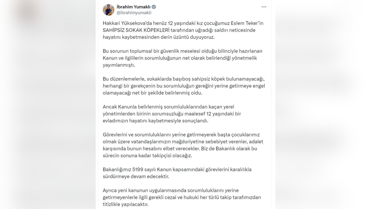 Bakan Yumaklı, Hakkari'deki Köpek Saldırısını Değerlendirdi