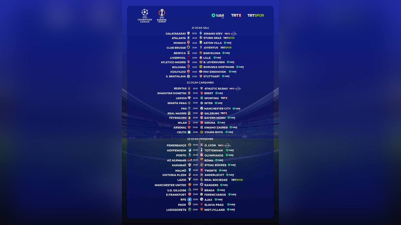 TRT, Üç Gün Boyunca 34 UEFA Maçını Canlı Yayınlayacak