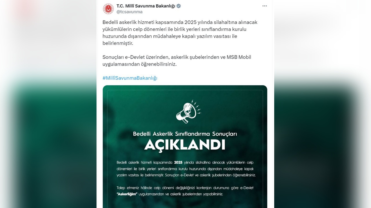 Bedelli Askerlik Sınıflandırma Sonuçları Duyuruldu