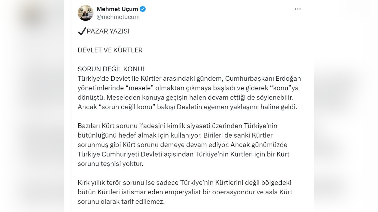 Uçum: Türkiye'de Kürt Sorunu Teşhisi Bulunmamaktadır