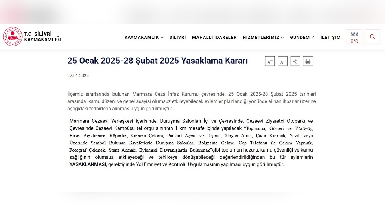 Silivri'de Toplantı ve Gösteri Yürüyüşleri Yasaklandı