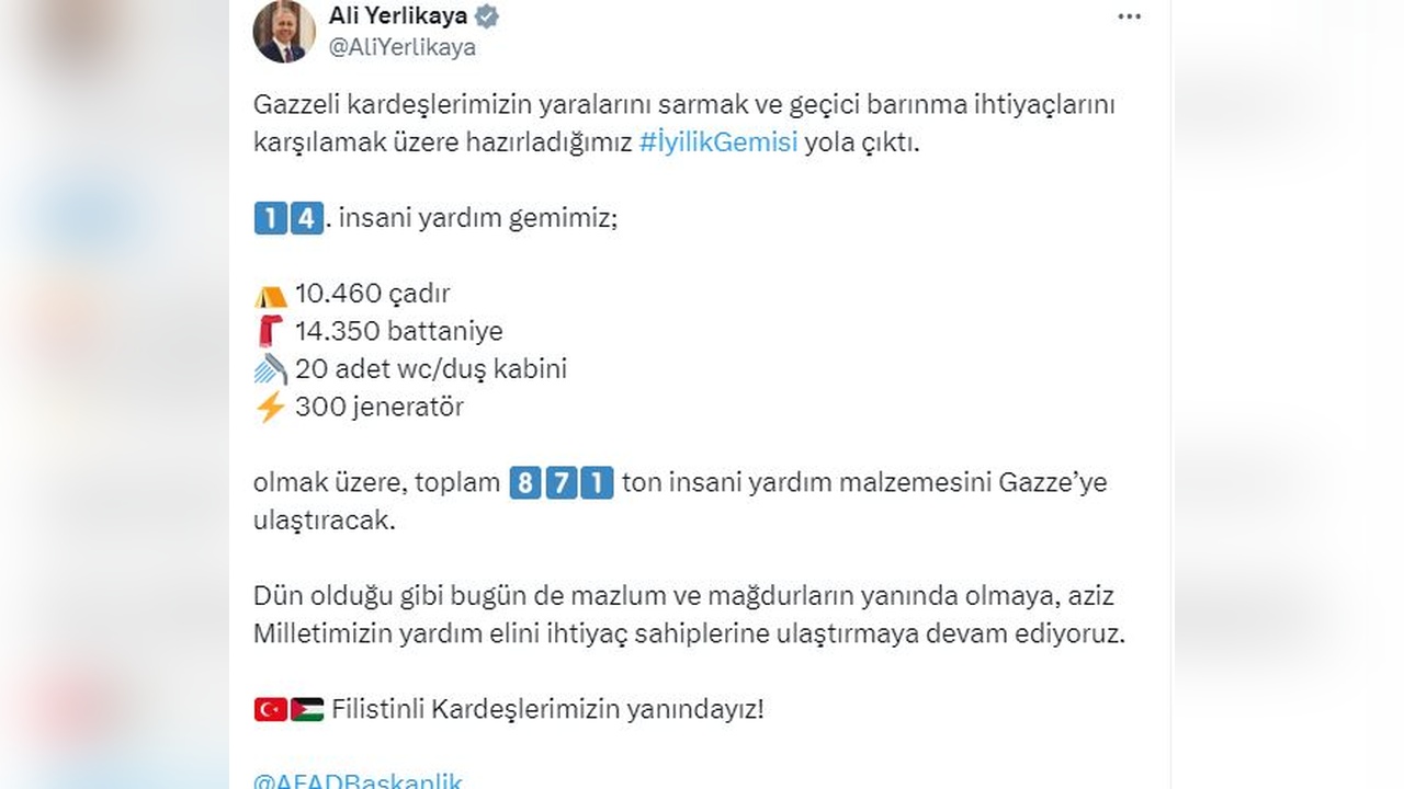 Gazze'ye 871 Ton İnsani Yardım Malzemesi Gönderilecek