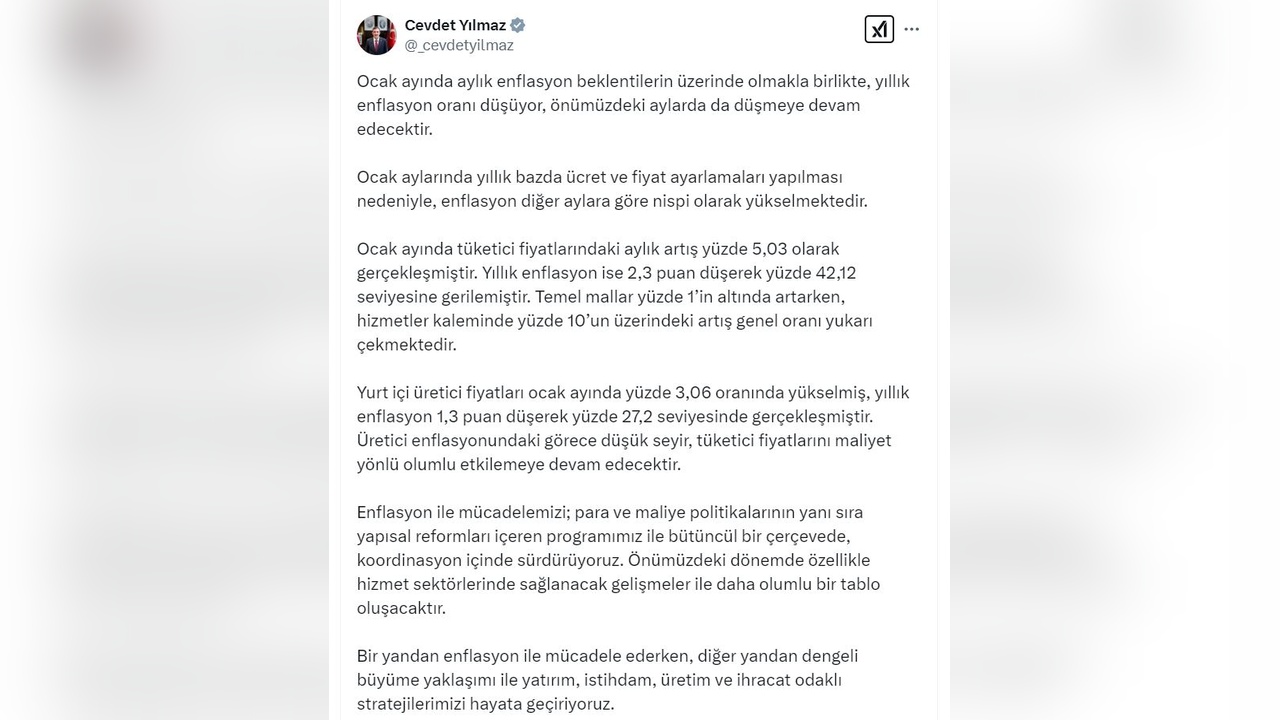 Cevdet Yılmaz'dan Enflasyon Tahmini: Yüzde 20 Civarı