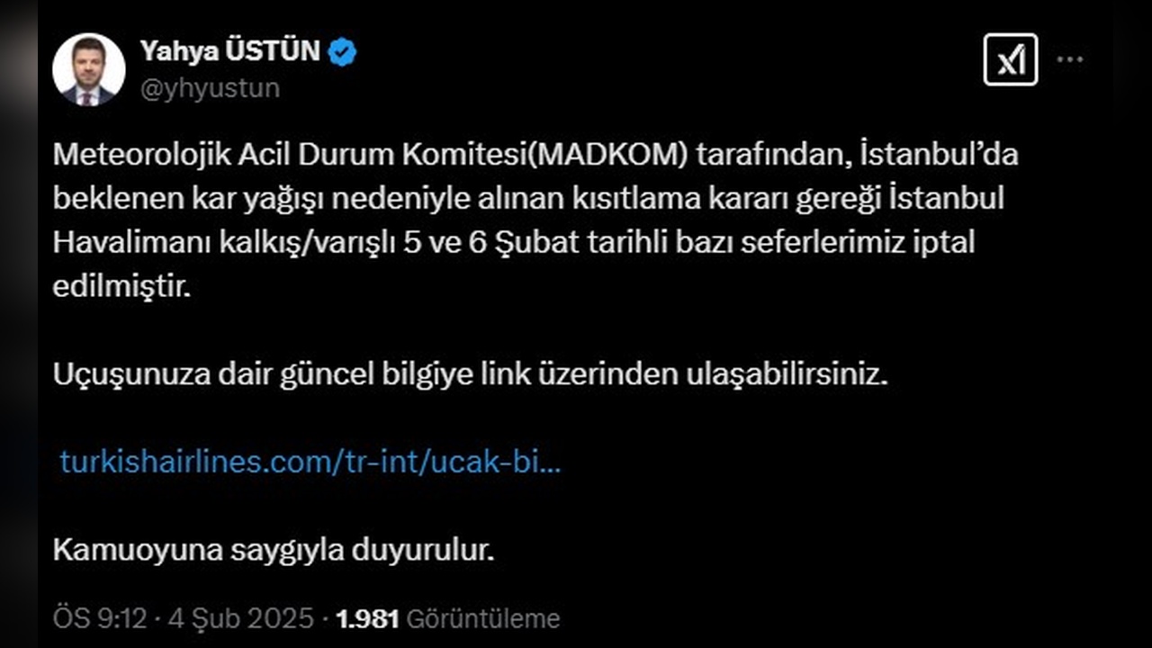 Türk Hava Yolları'ndan İptal Açıklaması: Olumsuz Hava Koşulları Etkili Oldu