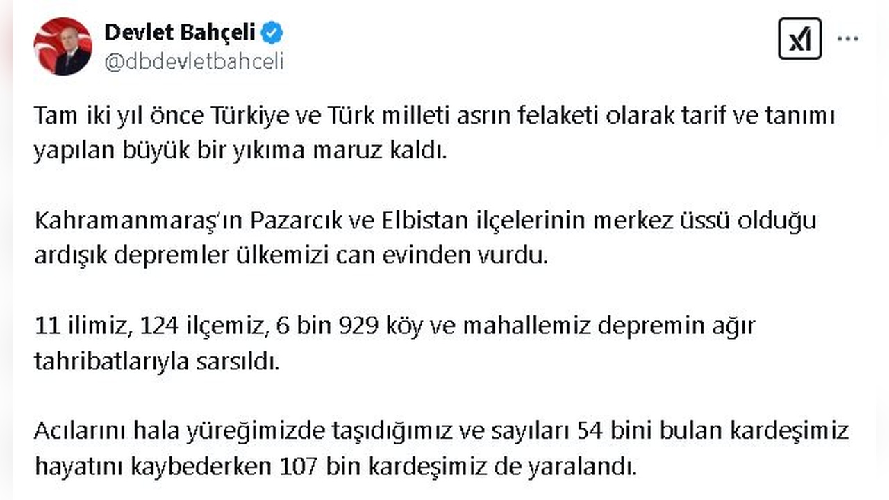 Bahçeli, Deprem Mağdurlarının Emanetlerine Sahip Çıkmanın Haysiyet Meselesi Olduğunu Vurguladı