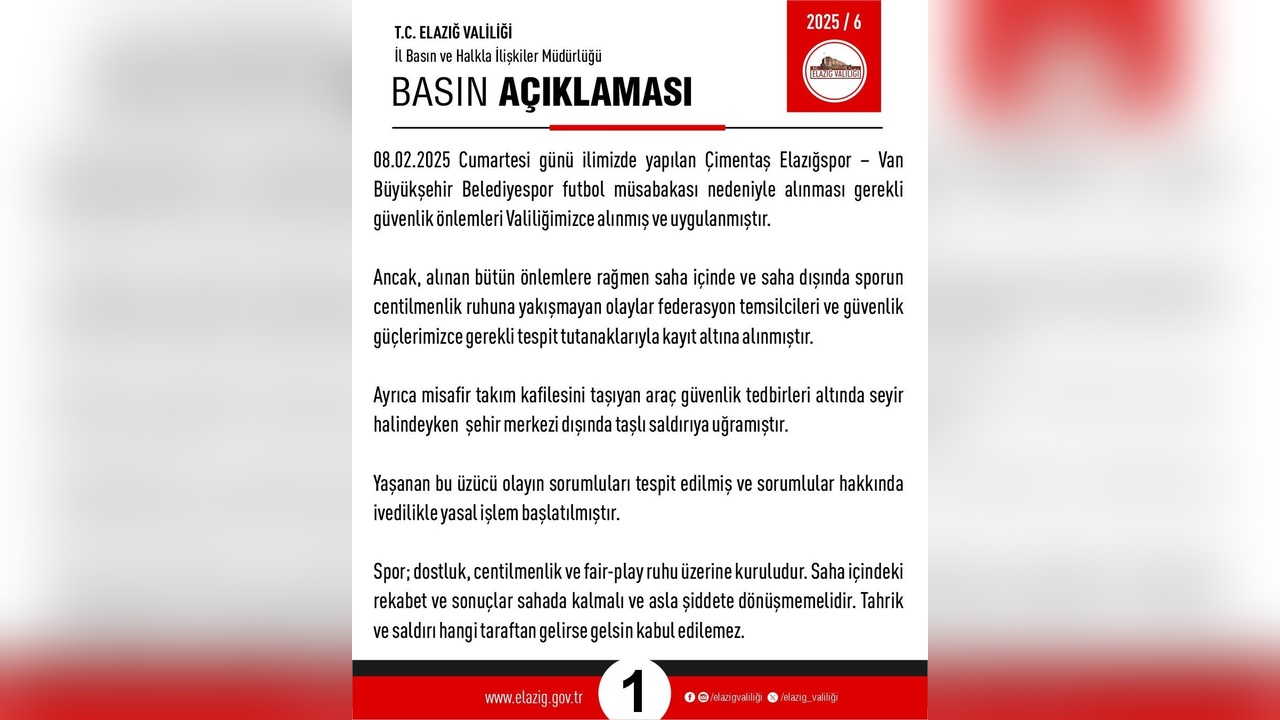 Elazığ Valiliği, Maç Sonrası Açıklamalarda Bulundu