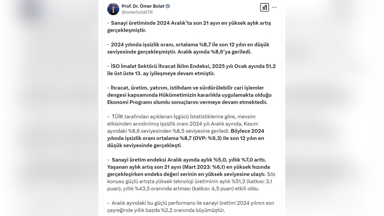 Sanayi Üretiminde Rekor Artış: Bakan Bolat Açıklamalarda Bulundu