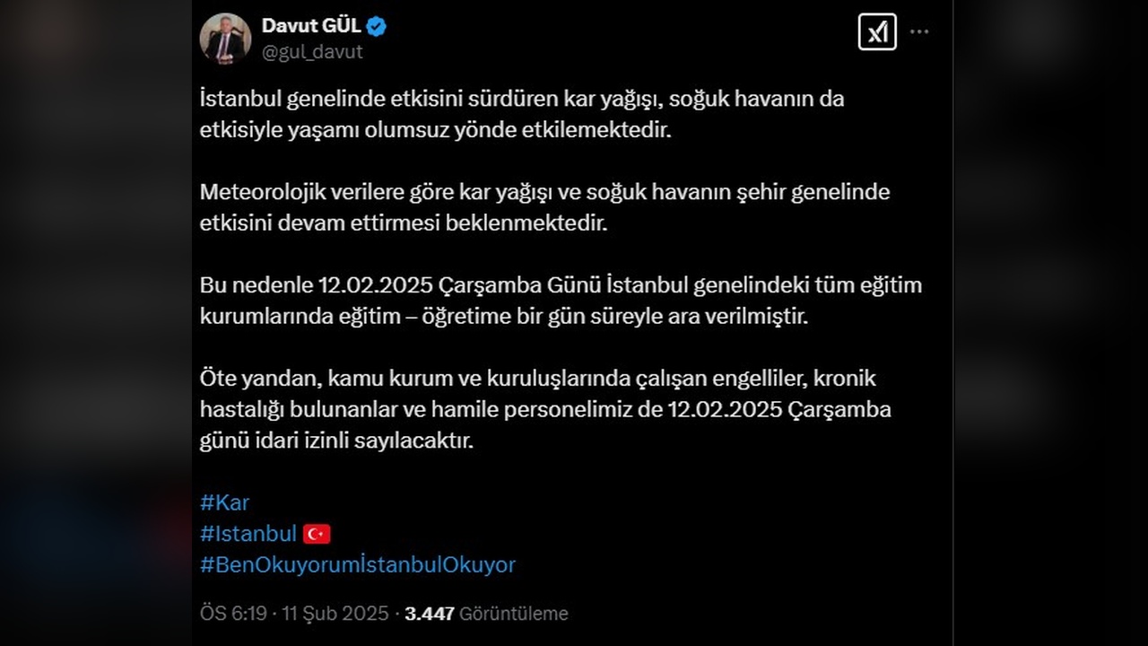 İstanbul'da Okullara 1 Günlük Tatil Kararı Alındı
