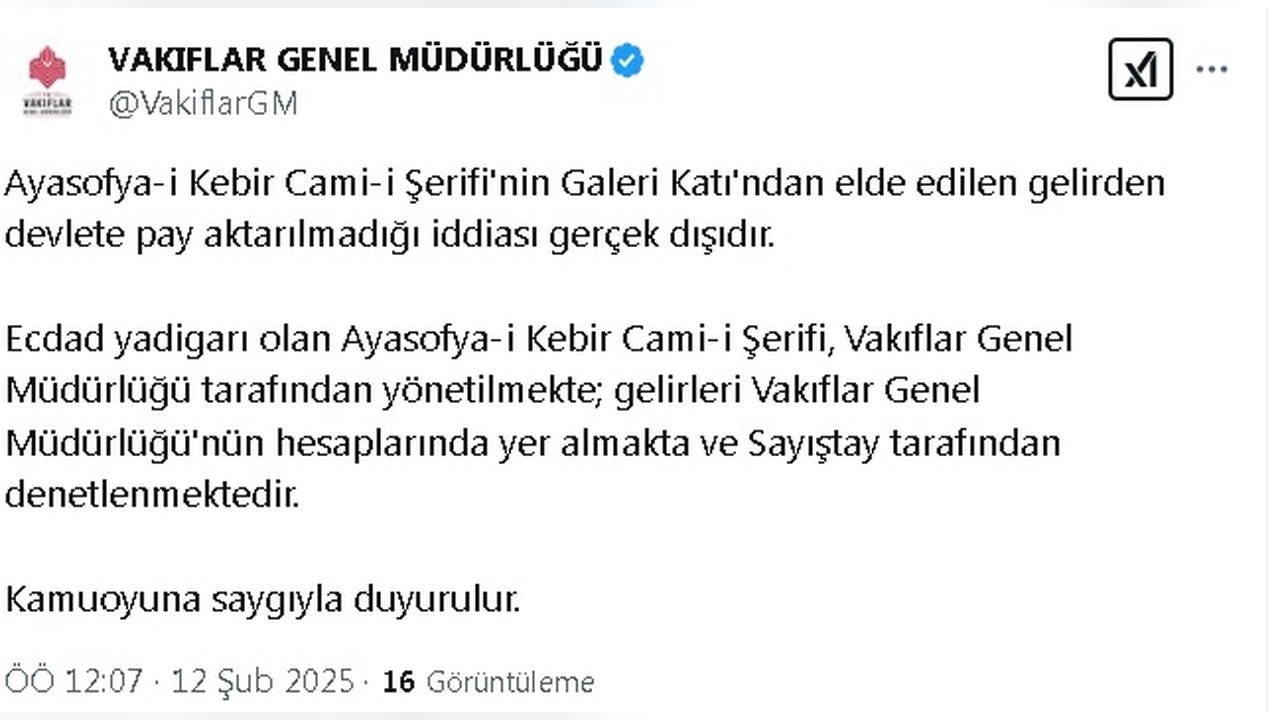 Vakıflar Genel Müdürlüğü, Ayasofya Hakkında Açıklama Yaptı