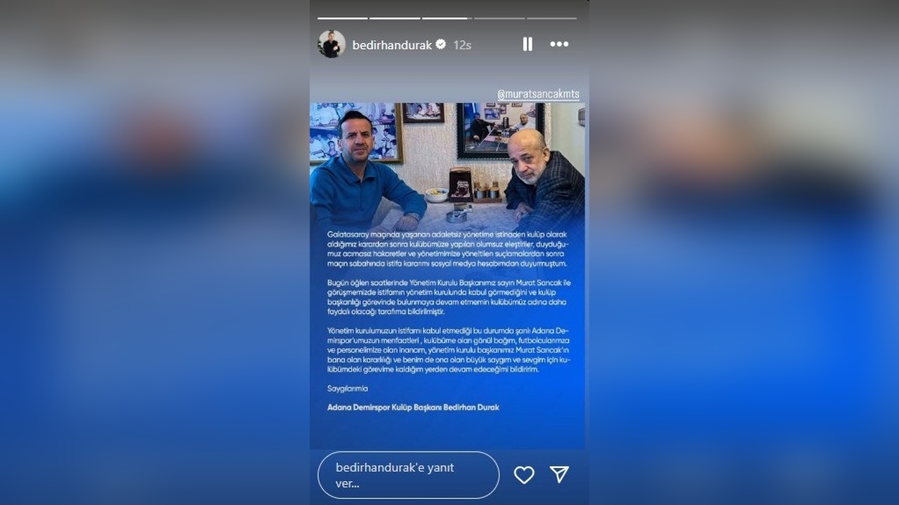 Adana Demirspor'da Başkan Durak'ın İstifası Reddedildi