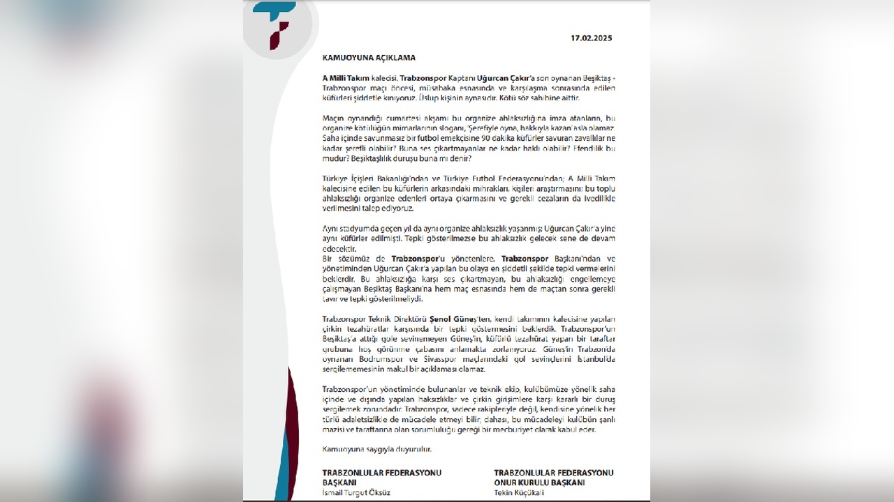 Trabzonlular Federasyonu'ndan Uğurcan Çakır Açıklaması: Beşiktaş ve Şenol Güneş Hakkında Bilgiler