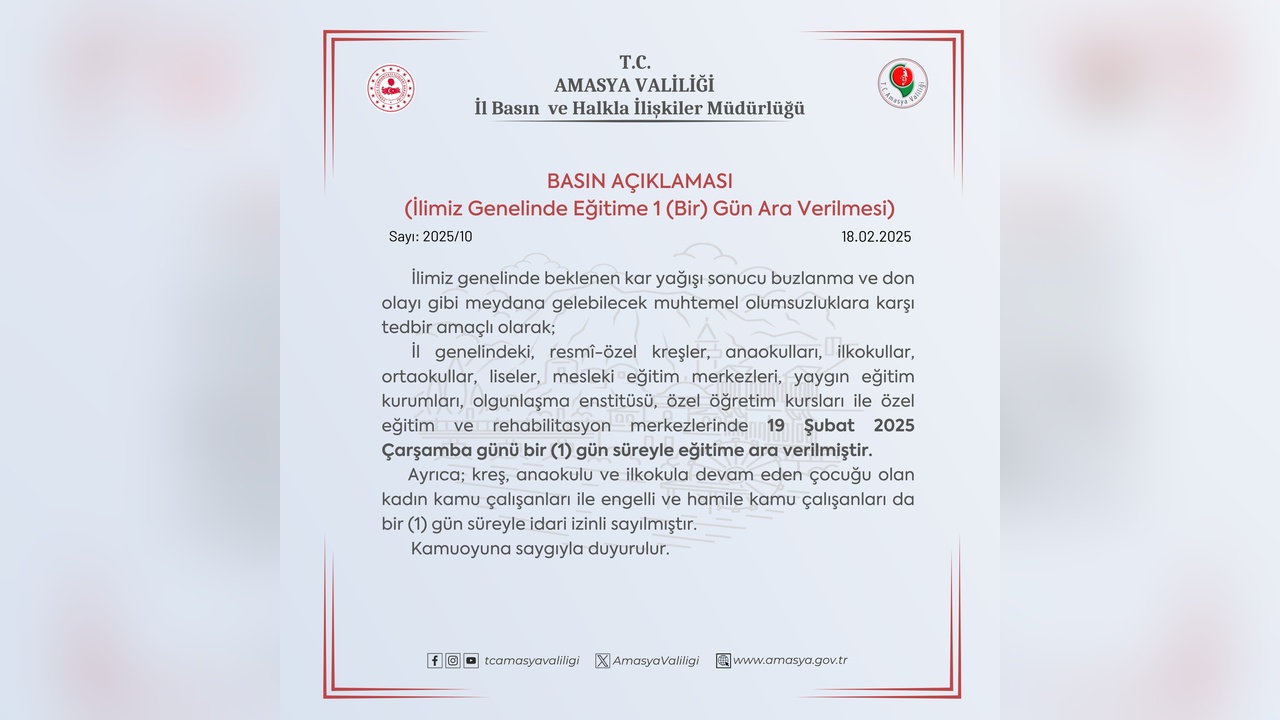 Amasya'da Okul Tatili Kararı Alındı