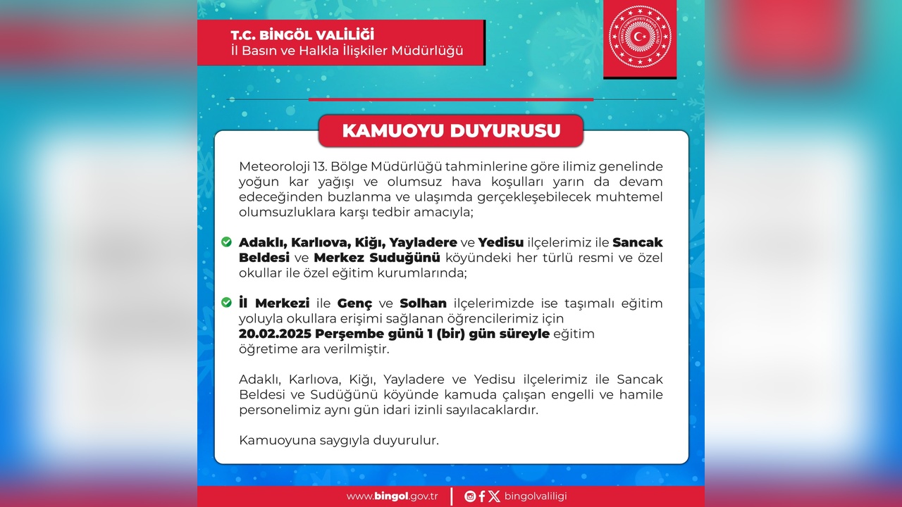 Bingöl'de Kar Yağışı Eğitimi Olumsuz Etkiledi