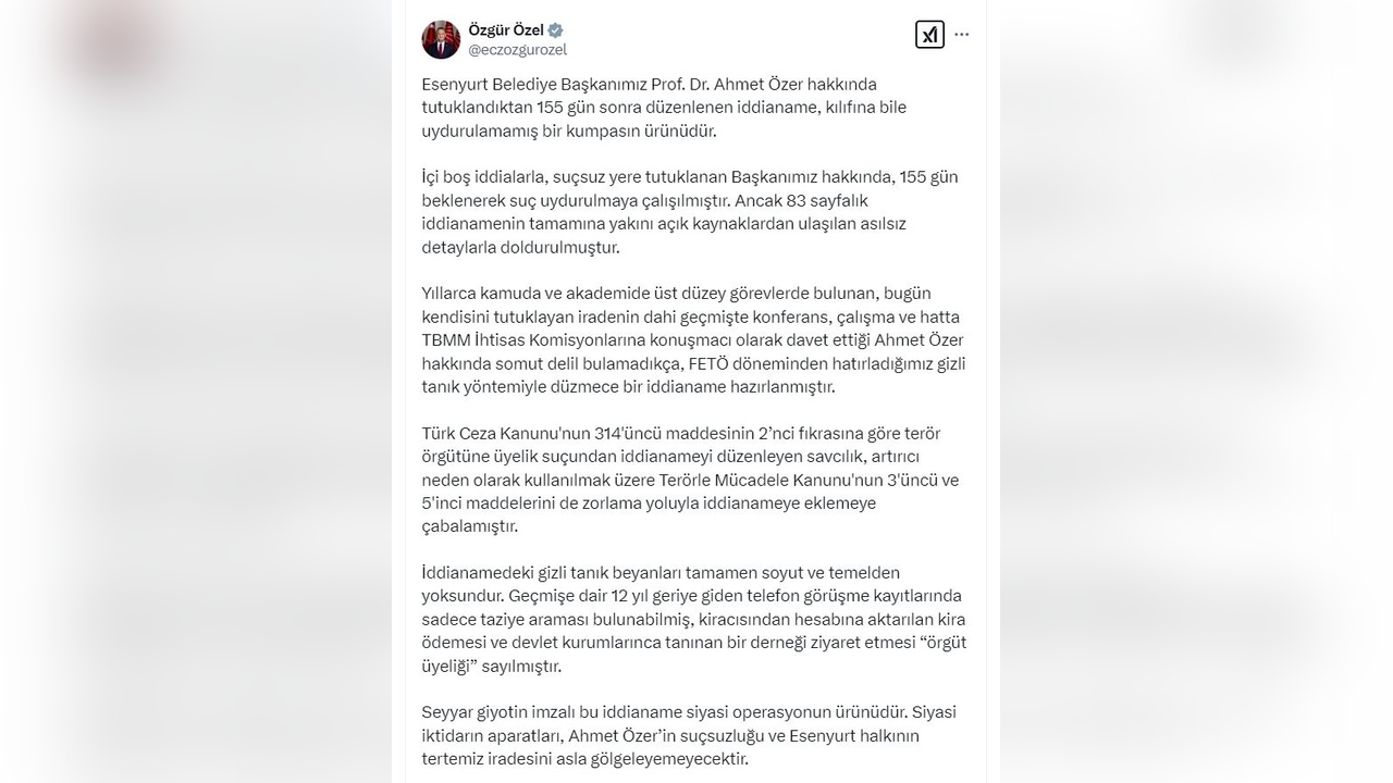 Özgür Özel, Ahmet Özer İddianamesine Sert Tepki Gösterdi