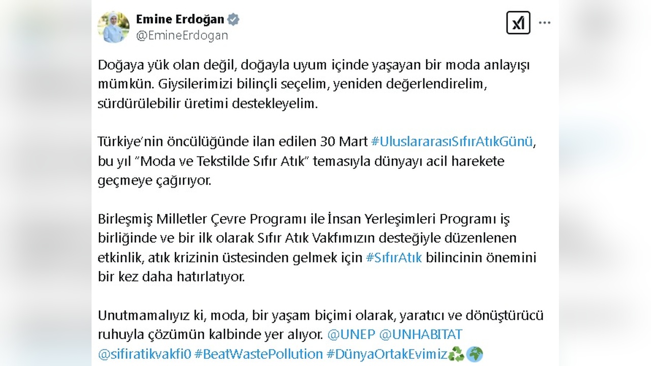 Emine Erdoğan, UNEP'in Sıfır Atık Çağrısını Destekledi
