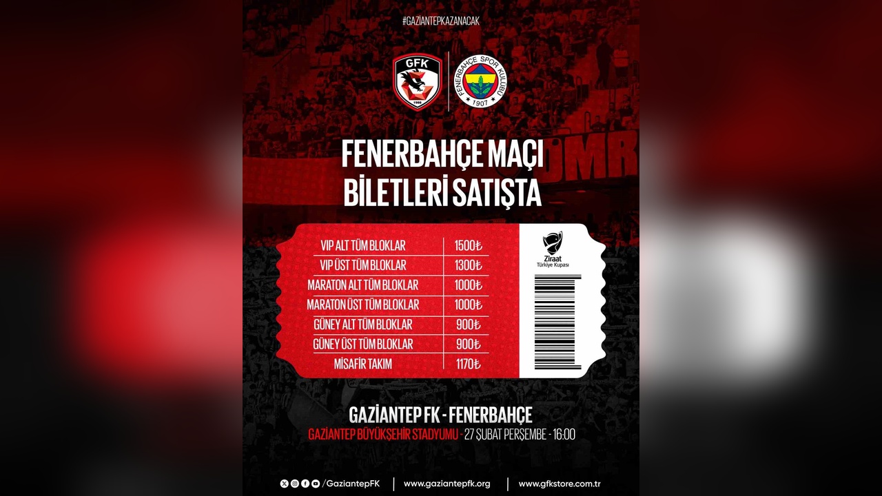Gaziantep FK ve Fenerbahçe Maçına Biletler Satışa Sunuldu