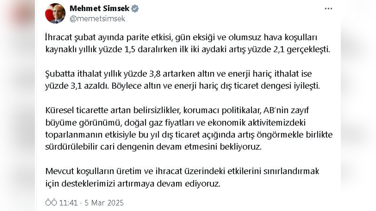Bakan Şimşek'ten Cari Denge Açıklaması