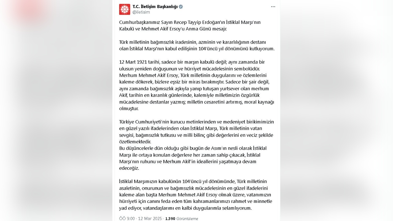 Erdoğan, İstiklal Marşı'nın 104. Yıl Dönümünü Kutladı